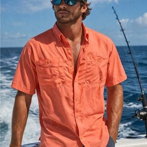 Outdoor by Hilton Fishing Shirt Men’s Large Coral Vented Short Sleeve tactile